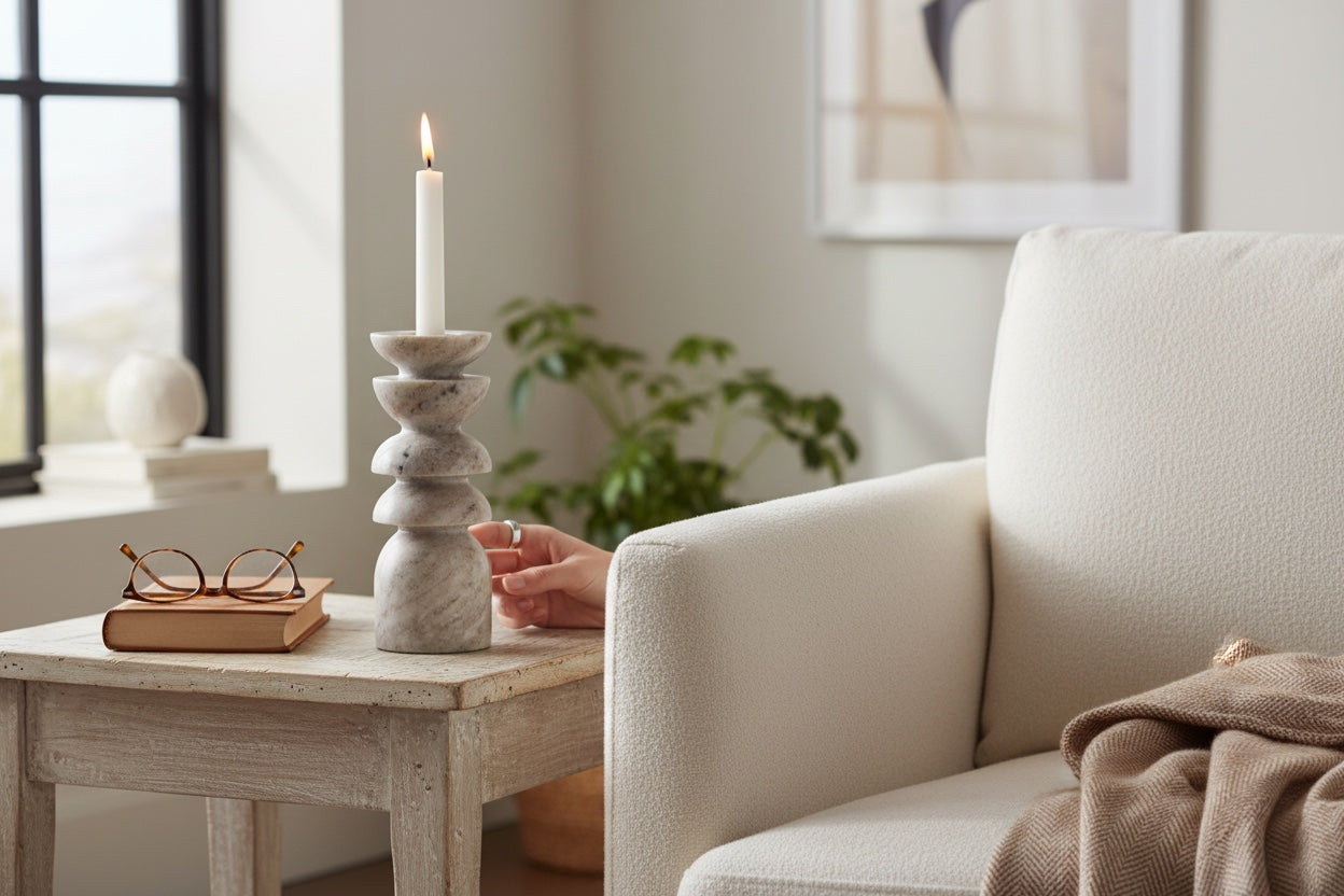 Morchana marble stacked totem candle holder — styled in home interior, tall sculptural centrepiece