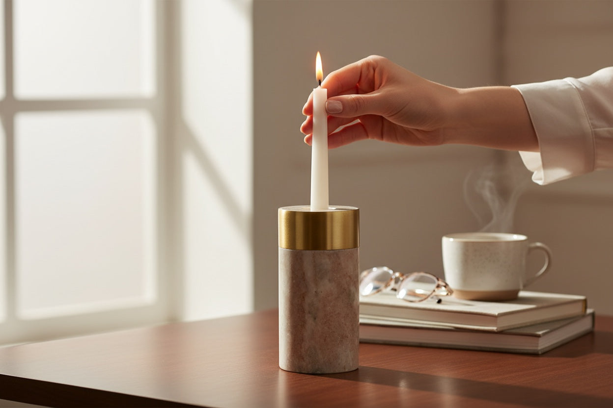 Toronto marble brass ring candle holder — styled in modern home interior, marble and brass pairing