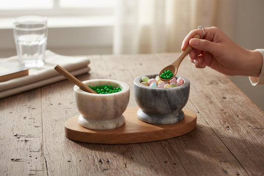 Selvada and Morchana marble pinch pot set in use — hand spooning from grey Morchana cup filled with candy, rustic table setting
