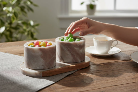 Toronto marble pinch pot set styled on rustic table — hand picking candy from cups, tea cup beside, lifestyle setting