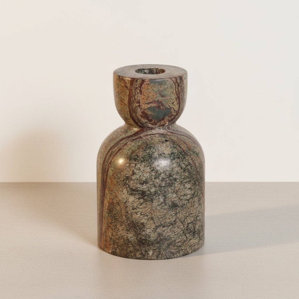 Green Forest marble candle holder — arch-dome form, deep green and rust mosaic marble, polished finish, front view