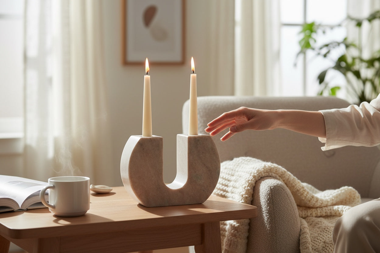 Morchana marble dual arch candle holder — styled in dining or living room interior holding two taper candles
