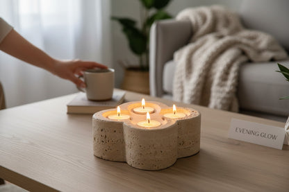 Beige travertine tea light holder — styled on table setting, warm ivory stone with raw surface finish