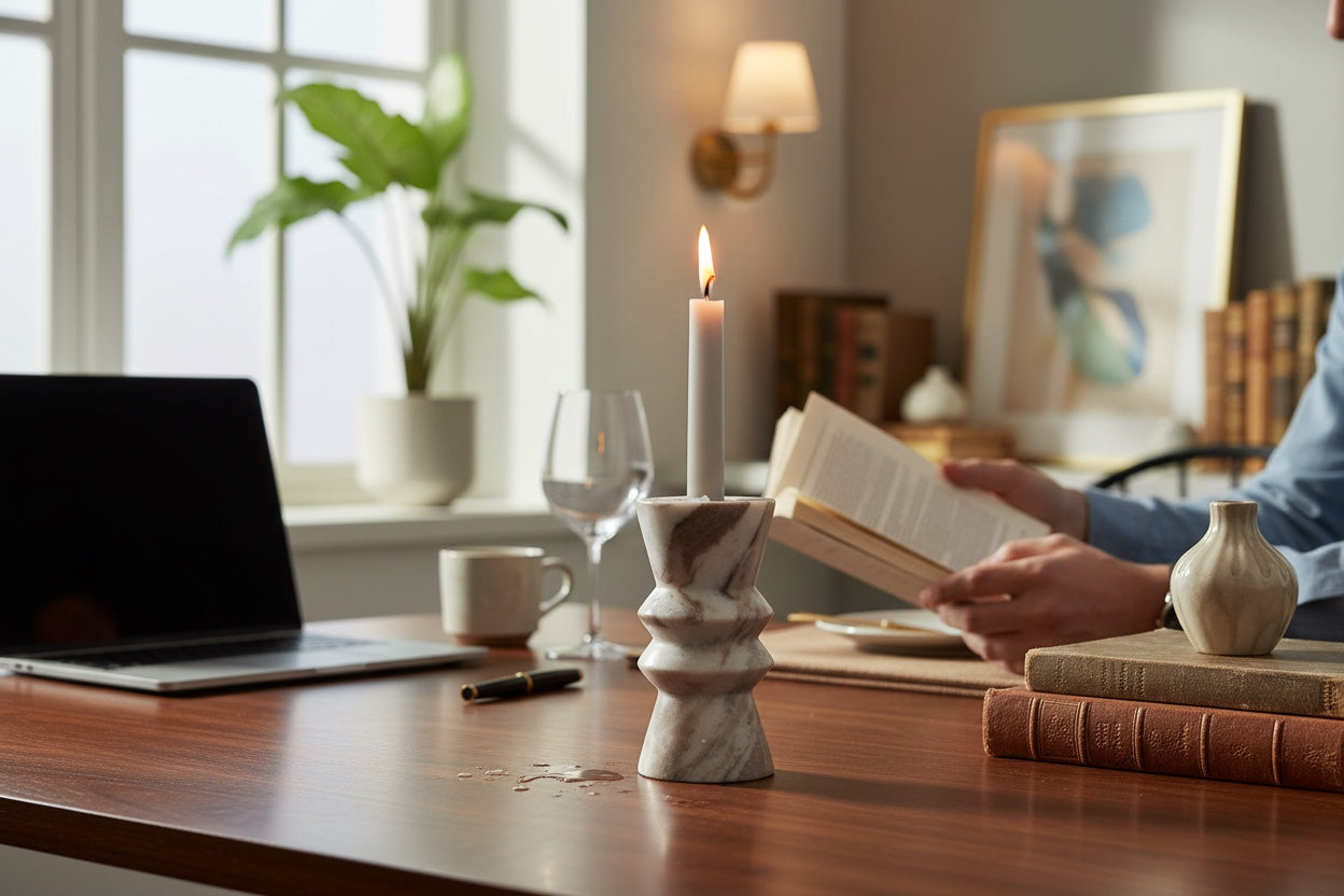 Toronto marble twisted candle holder — styled in home interior setting, warm tones