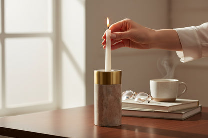 Toronto marble brass ring candle holder — styled in modern home interior, marble and brass pairing