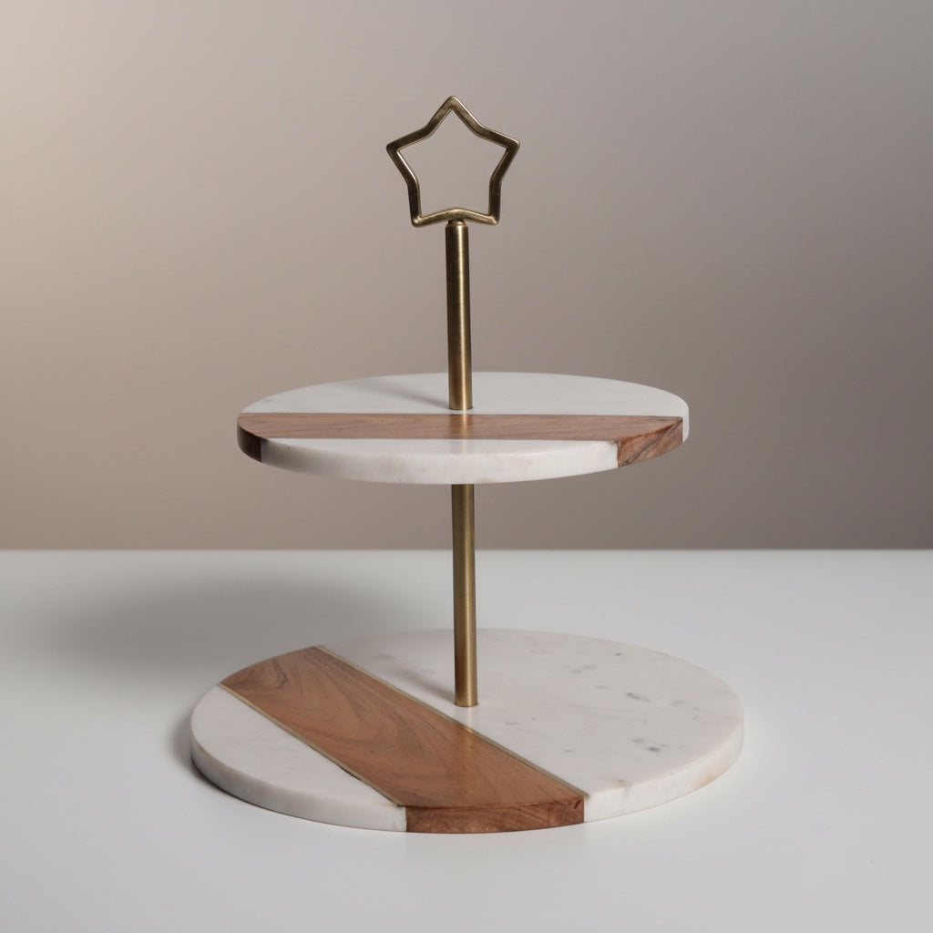 Indian White Marble Acacia Wood Cake Stand | Stonewood