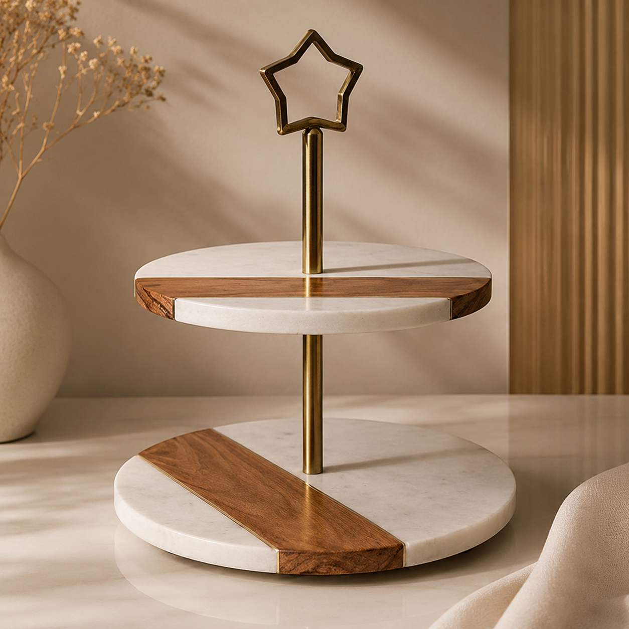 Indian White Marble With Acacia Wood and Metal Rod - top view - Stonewood Studio