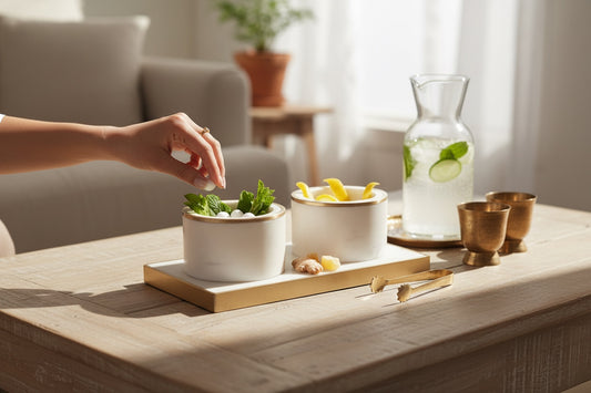 White marble and brass pinch pot set styled in use — cups filled with mint and lemon peel on wooden table, brass tongs beside
