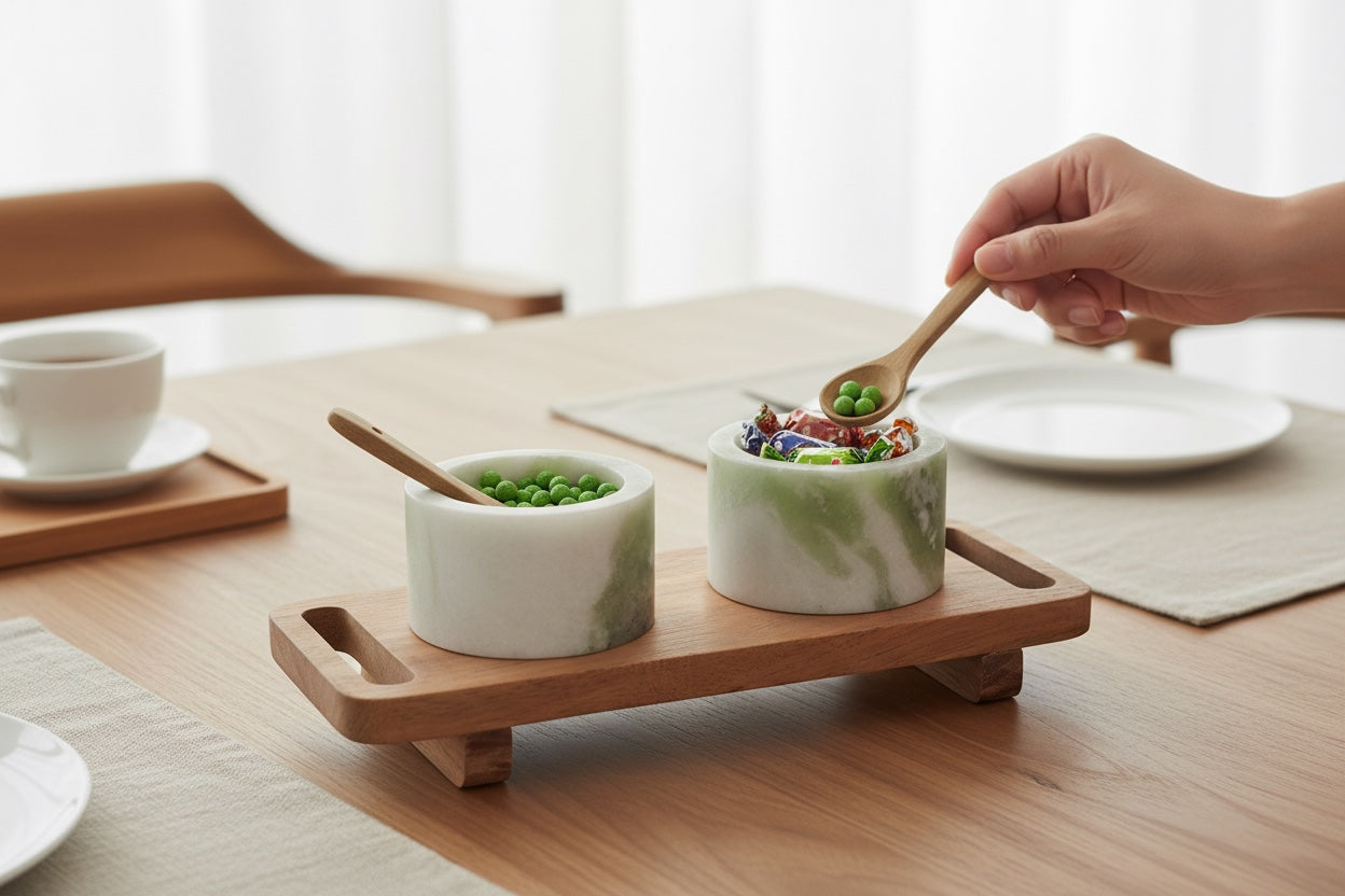 Himalayan green marble pinch pot set in use — hand using wooden spoon at dining table, cups filled with candy and snacks