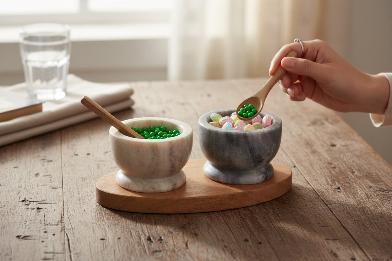 Selvada and Morchana marble pinch pot set in use — hand spooning from grey Morchana cup filled with candy, rustic table setting