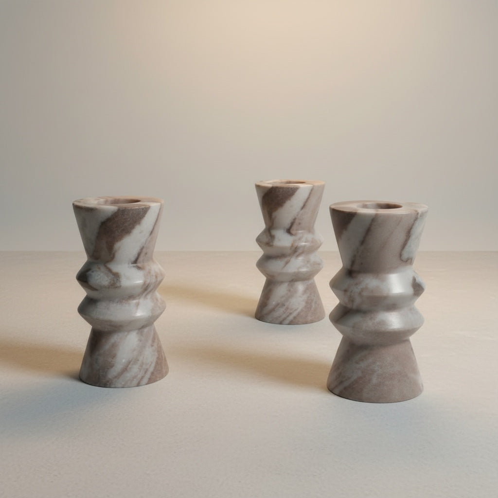 Toronto marble candle holder — close-up of twisted stacked rings and natural stone veining pattern