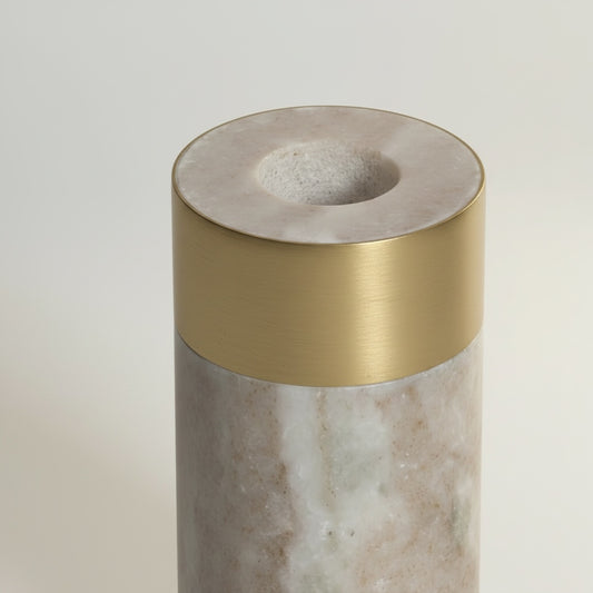 Toronto marble and brass taper candle holder — angled view showing pale green-grey marble and satin brass ring detail