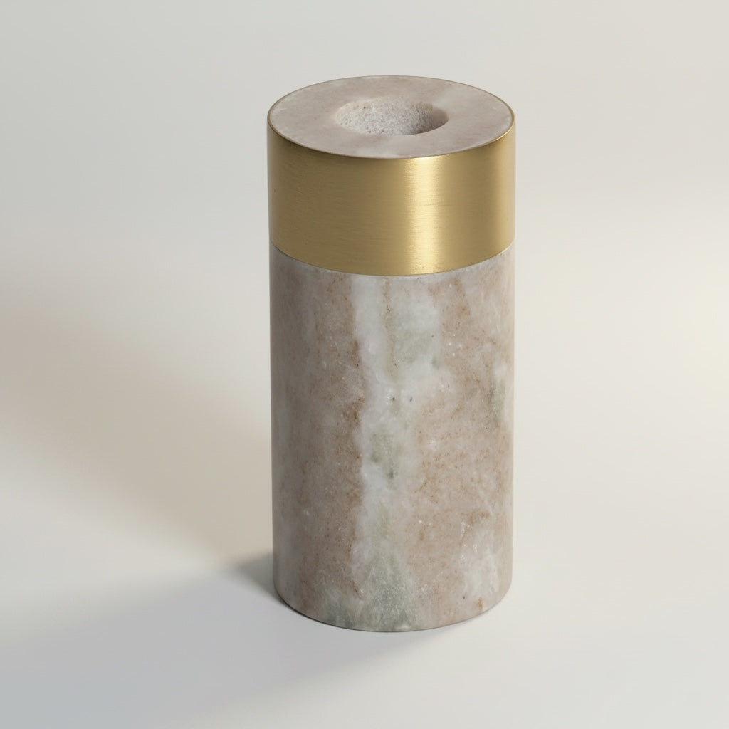 Toronto marble candle holder with brushed brass ring collar — front view showing cylindrical marble body and gold brass band
