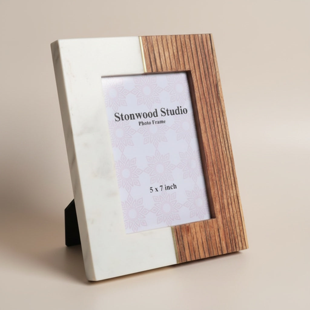 Indian White Marble With Accasia Wood Wit Brass Inlay