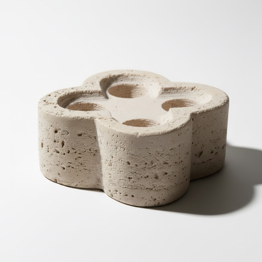 Beige travertine four-well tea light holder — clover form with natural porous stone texture, front view