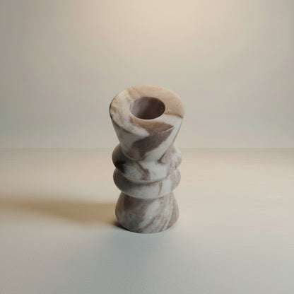 Toronto marble twisted spiral candle holder — front view, white and taupe marble with swirling brown veining