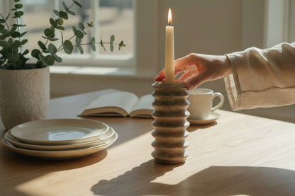 Morchana marble ribbed column candle holder — styled in home interior on shelf or surface