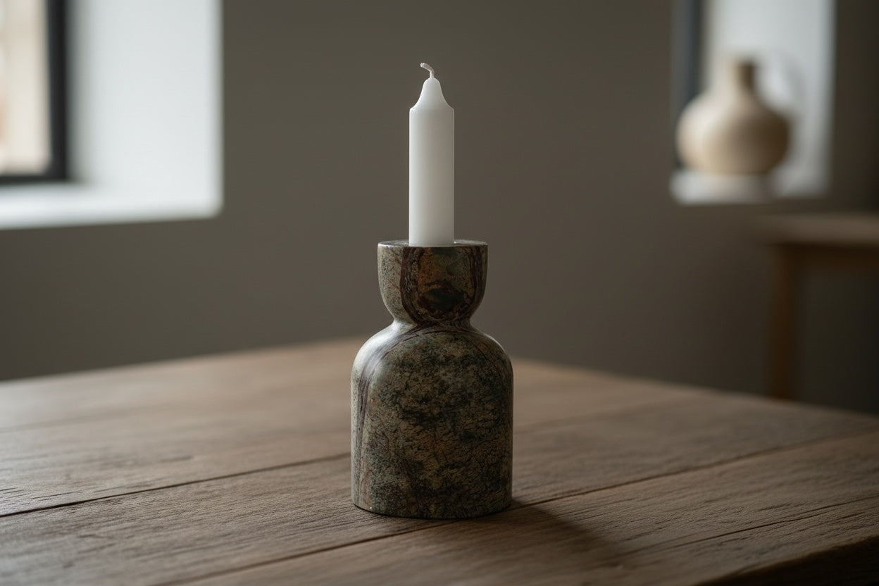 Green Forest marble candle holder — styled in interior setting showing earthy green tones