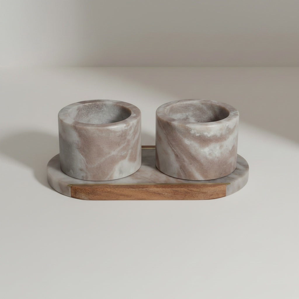 Toronto marble pinch pot cups on acacia tray — side view showing wooden strip running lengthwise along split-material tray
