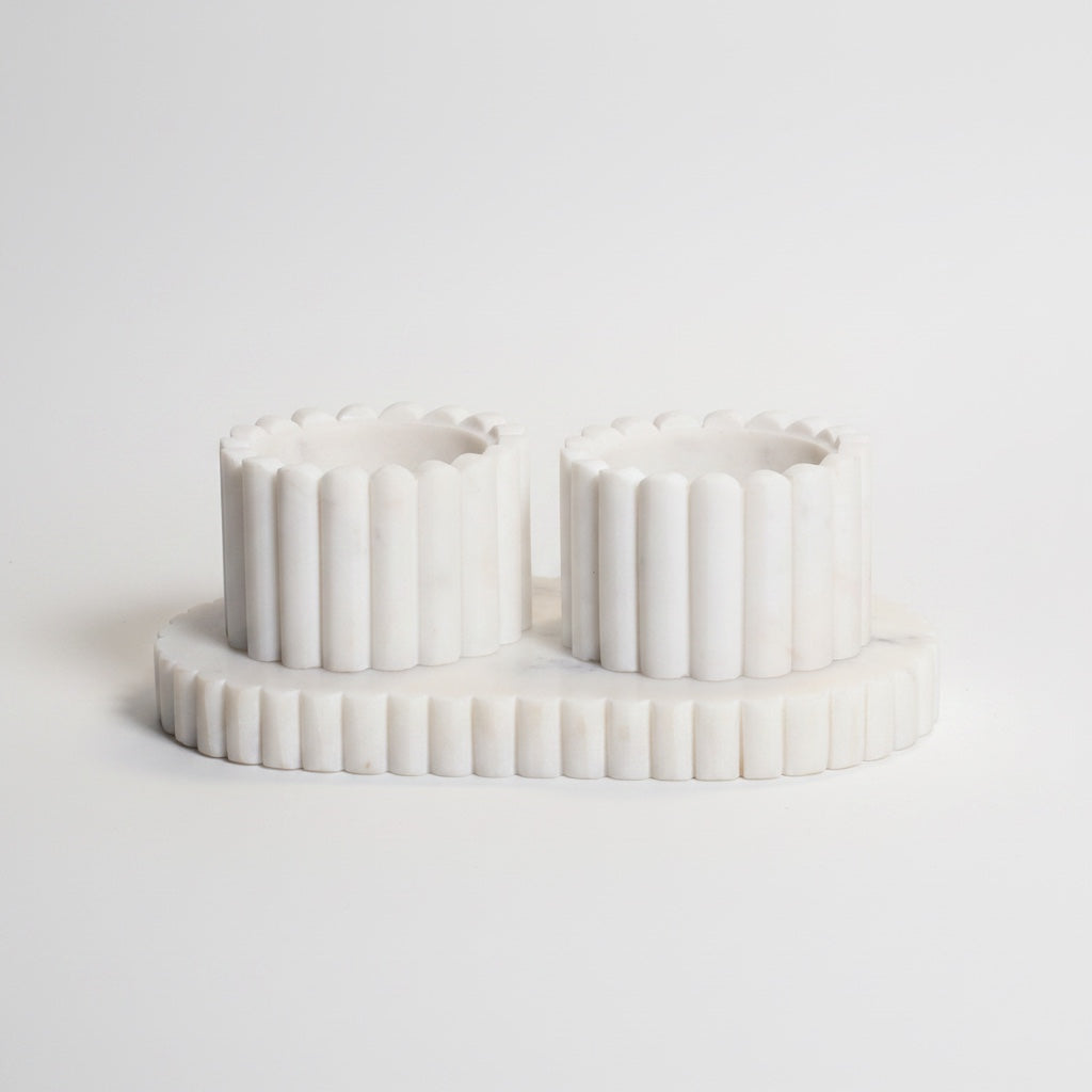 Indian white marble fluted pinch pot set — front-angled view on white background showing vertical ribbing on cups and tray clearly