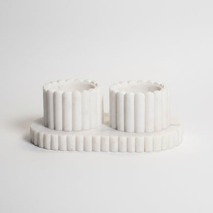 Indian white marble fluted pinch pot set — front-angled view on white background showing vertical ribbing on cups and tray clearly