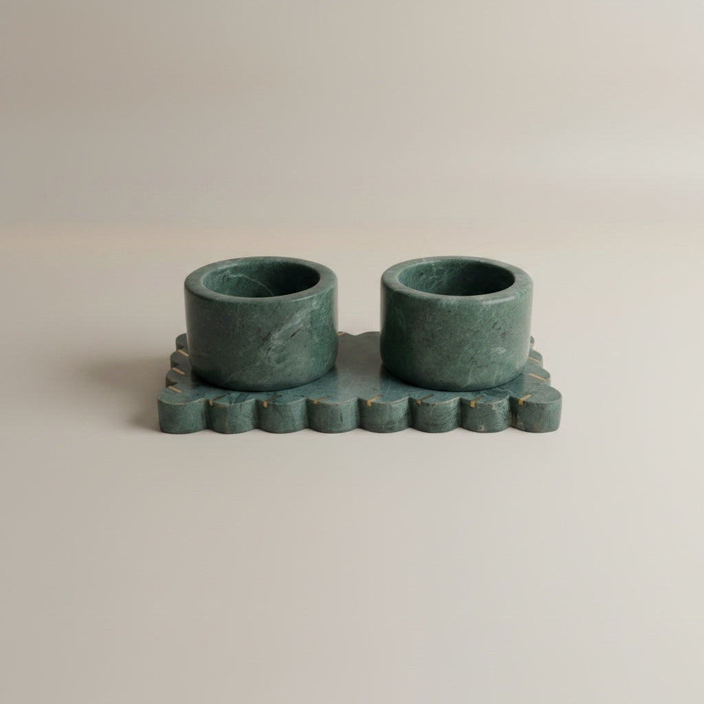Baroda green marble pinch pot set — front-on view showing deep green stone and scalloped tray silhouette
