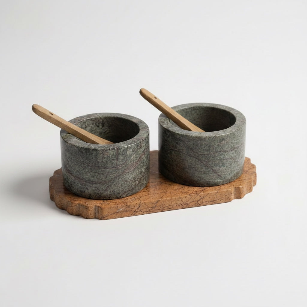 Selvada marble pinch pot set — alternate angle showing live-edge tray natural form and dark grey-green stone cups with spoons
