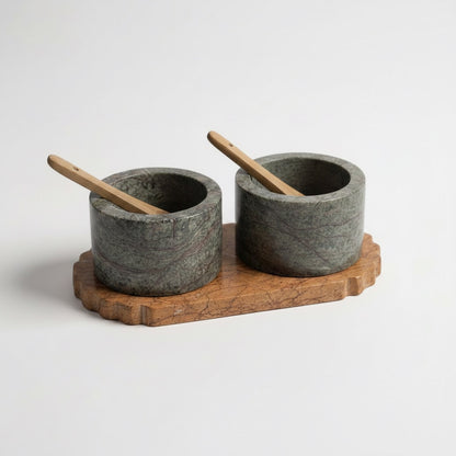 Selvada marble pinch pot set — alternate angle showing live-edge tray natural form and dark grey-green stone cups with spoons