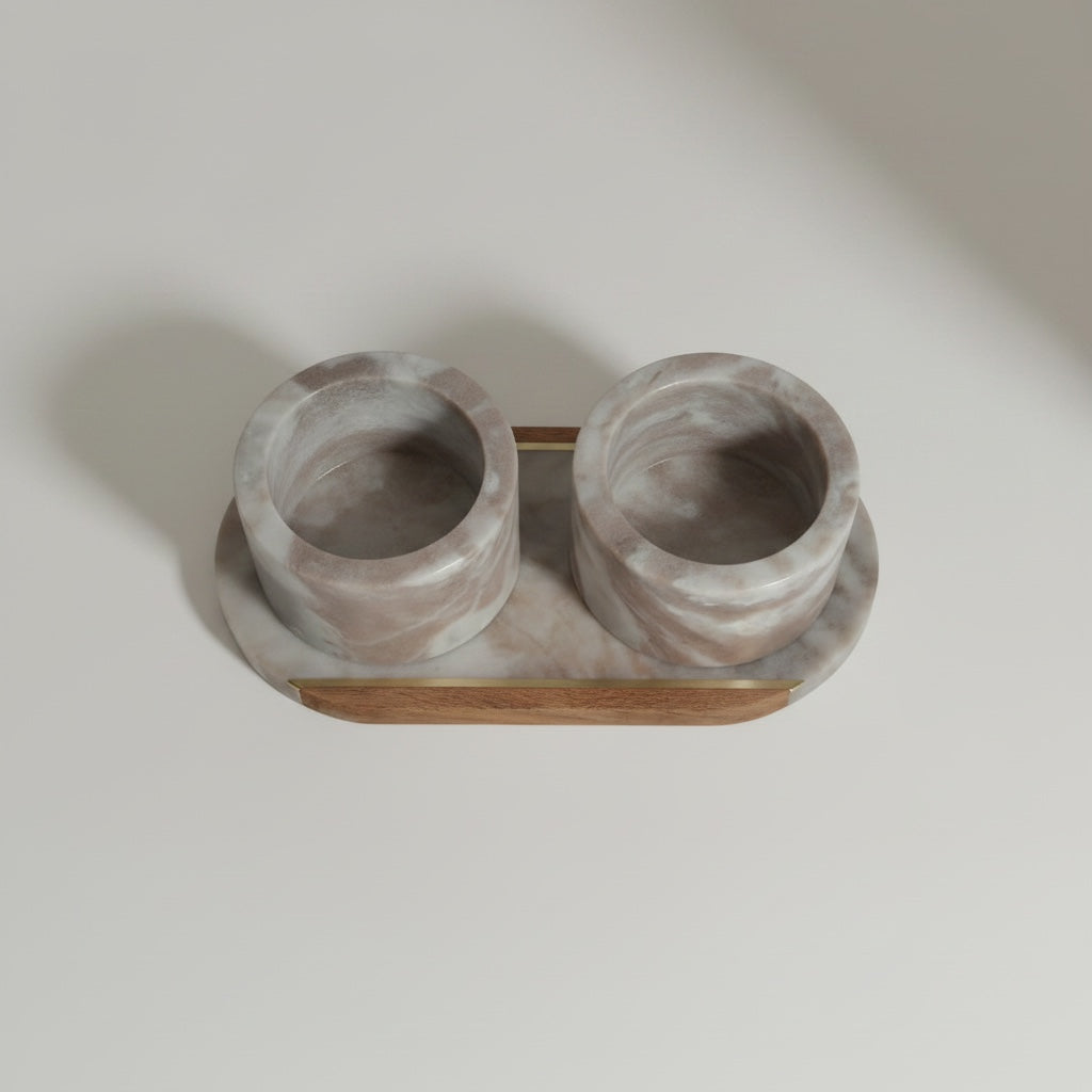 Toronto marble pinch pot set — top-down view showing oval tray with marble and acacia wood halves and two cups from above