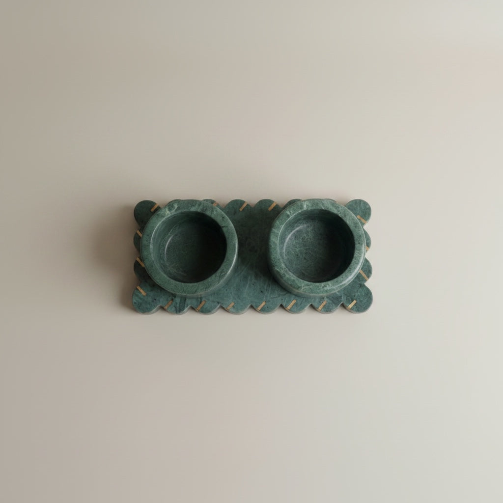 Baroda green marble pinch pot set — top-down view showing both cups and scalloped tray border with recessed brass dot inlays