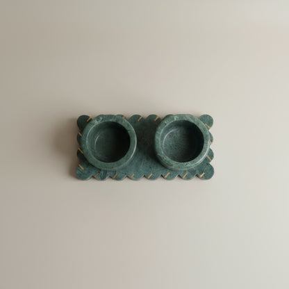 Baroda green marble pinch pot set — top-down view showing both cups and scalloped tray border with recessed brass dot inlays