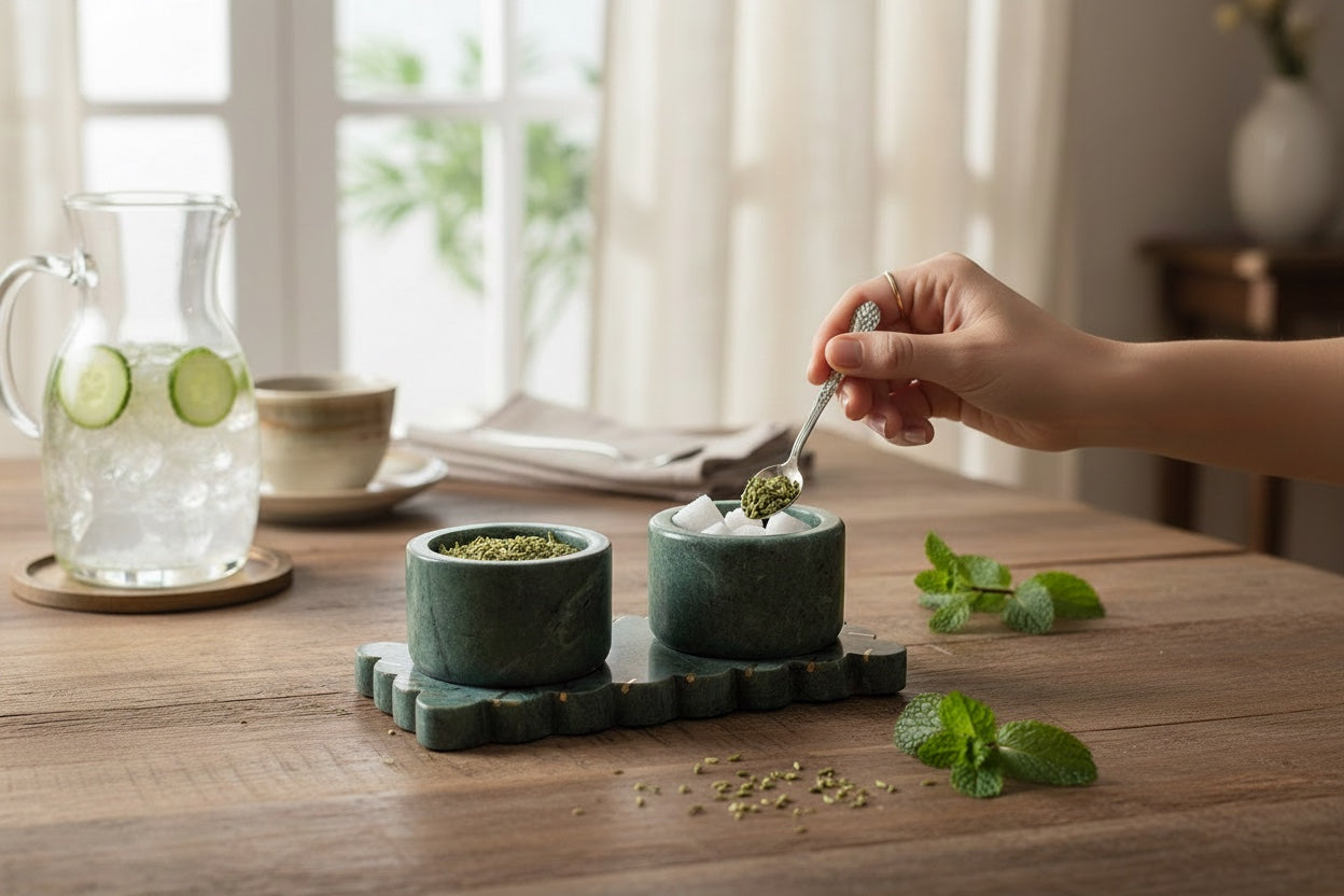 Baroda green marble pinch pot set in use — hand spooning tea leaves into cups on wooden table, water pitcher and mint in background