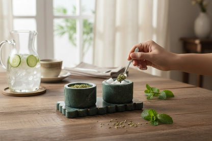 Baroda green marble pinch pot set in use — hand spooning tea leaves into cups on wooden table, water pitcher and mint in background