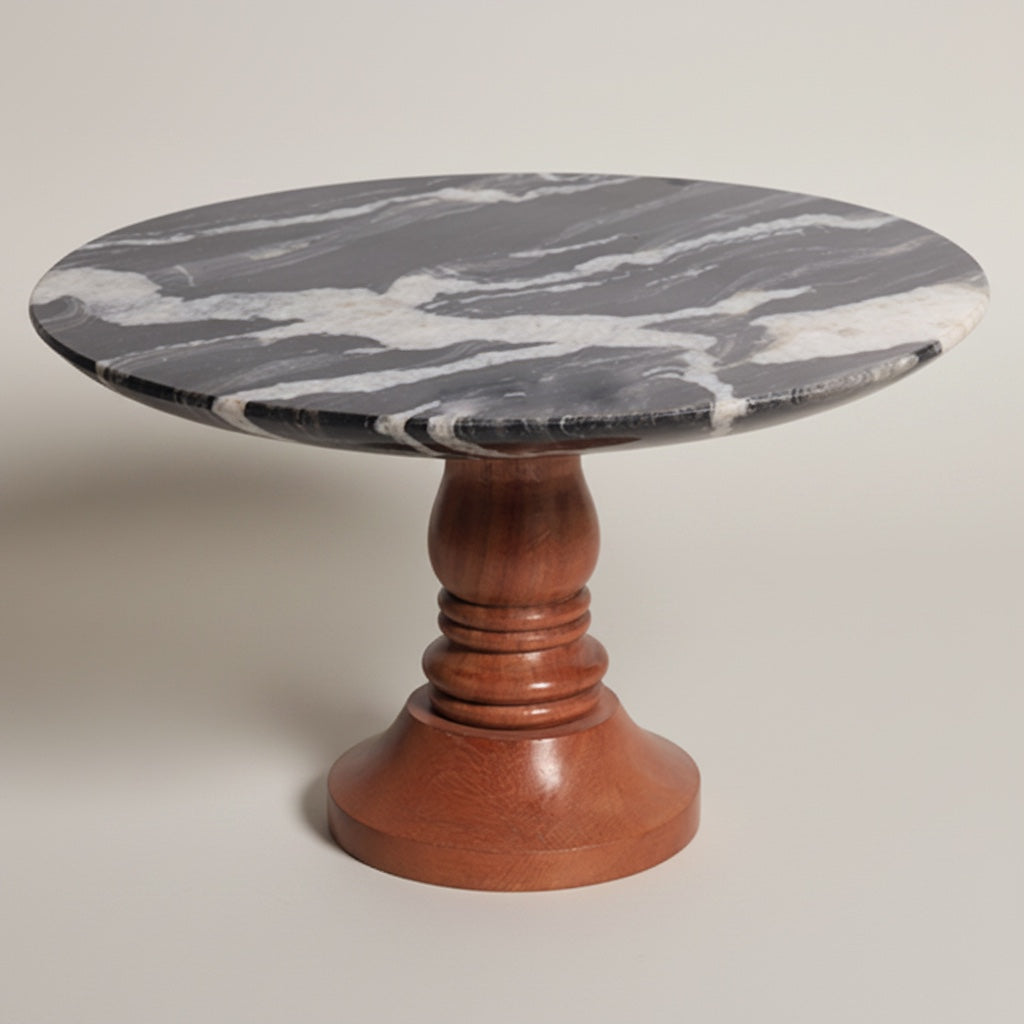 Cosmic Black Marble Cake Stand Acacia Base | Stonewood
