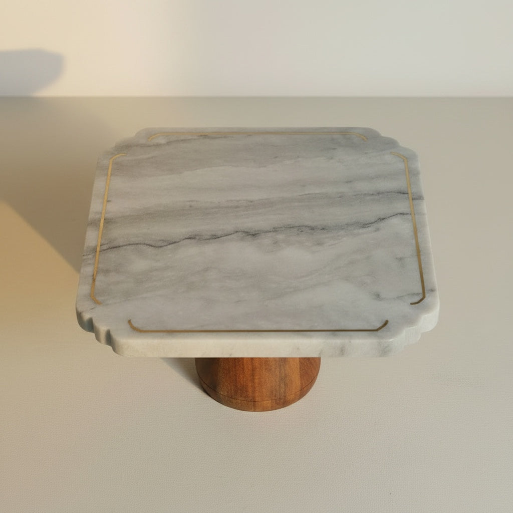 Himalayan Green Mable With Acacia Wooden Base - side view - Stonewood Studio