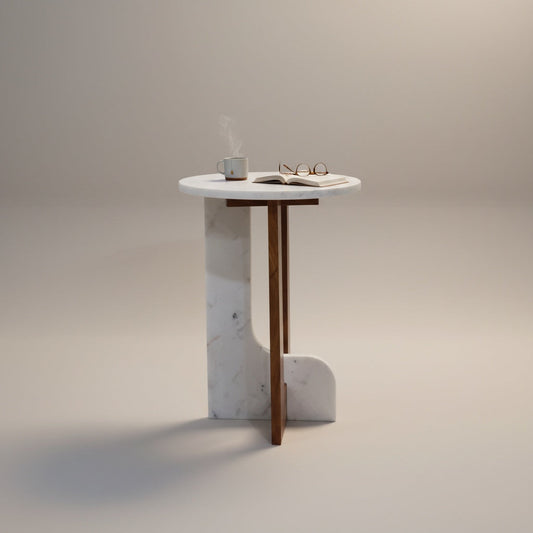 Indian White Marble Acacia Side Table | Stonewood