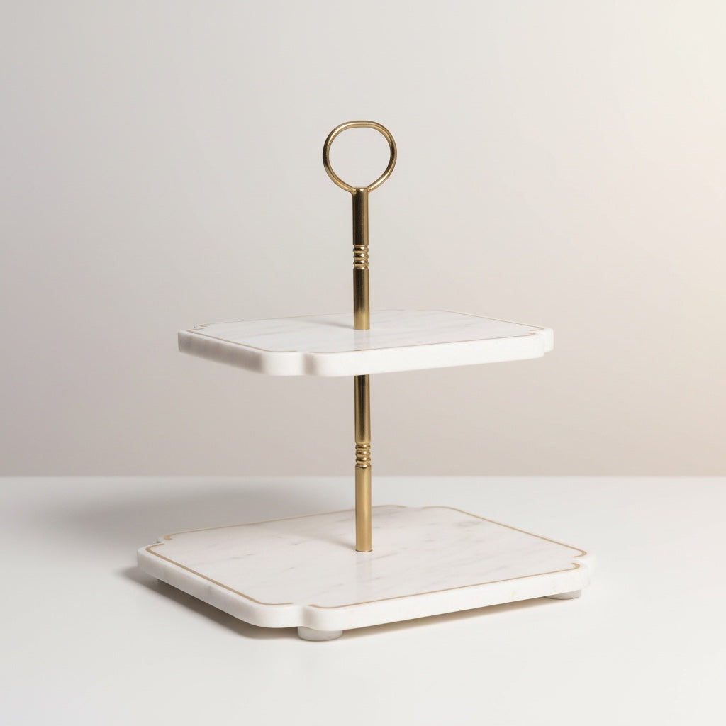 Indian White Marble Brass Inlay Cake Stand | Stonewood