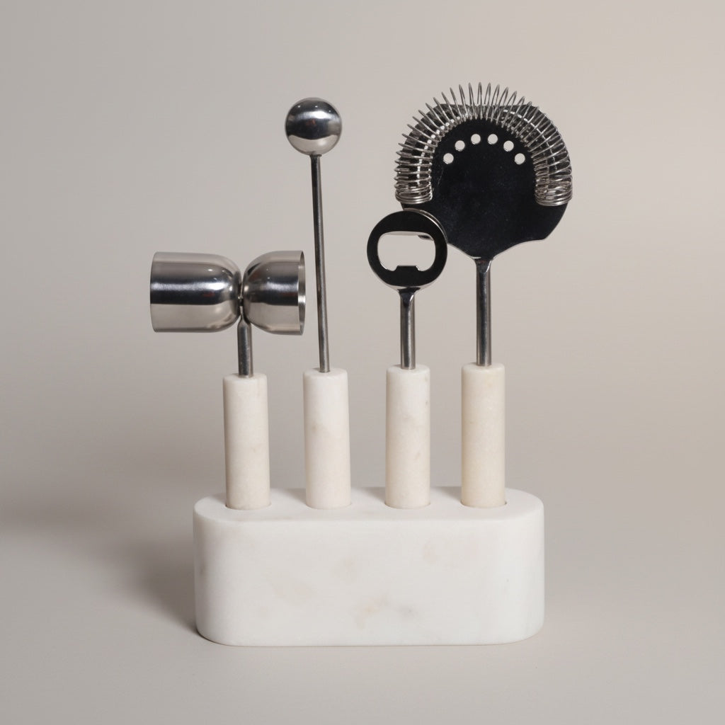 Indian White Marble Metal Bar Tool Set | Stonewood
