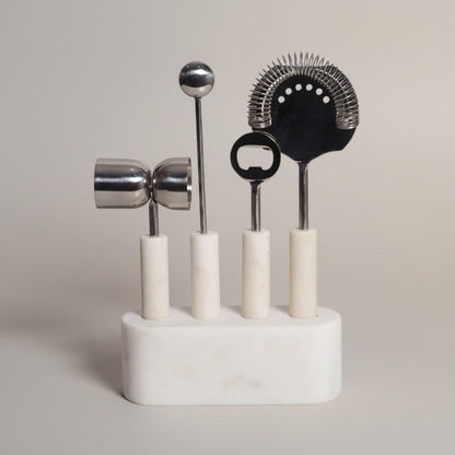 Indian White Marble Metal Bar Tool Set | Stonewood