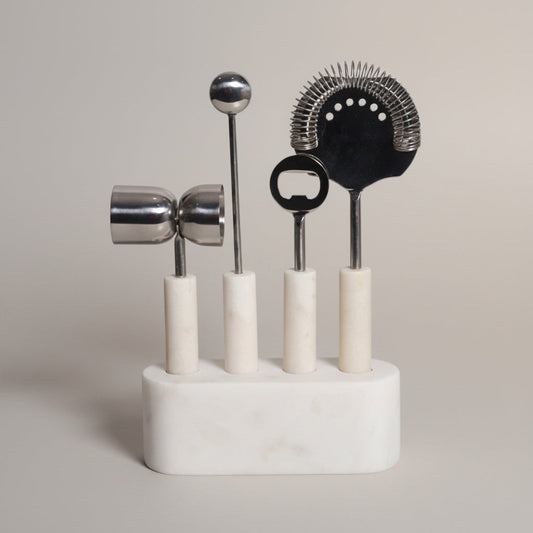 Indian White Marble Metal Bar Tool Set | Stonewood