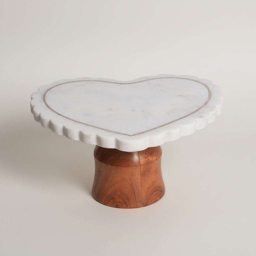 White Marble Brass Inlay Wooden Cake Display | Stonewood